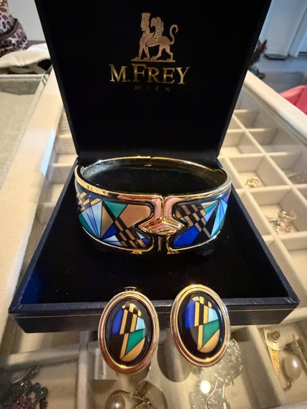MICHAELA FREY WILLE Enamel Jewelry Set Clasp Bangle & Ear Clips Geometric